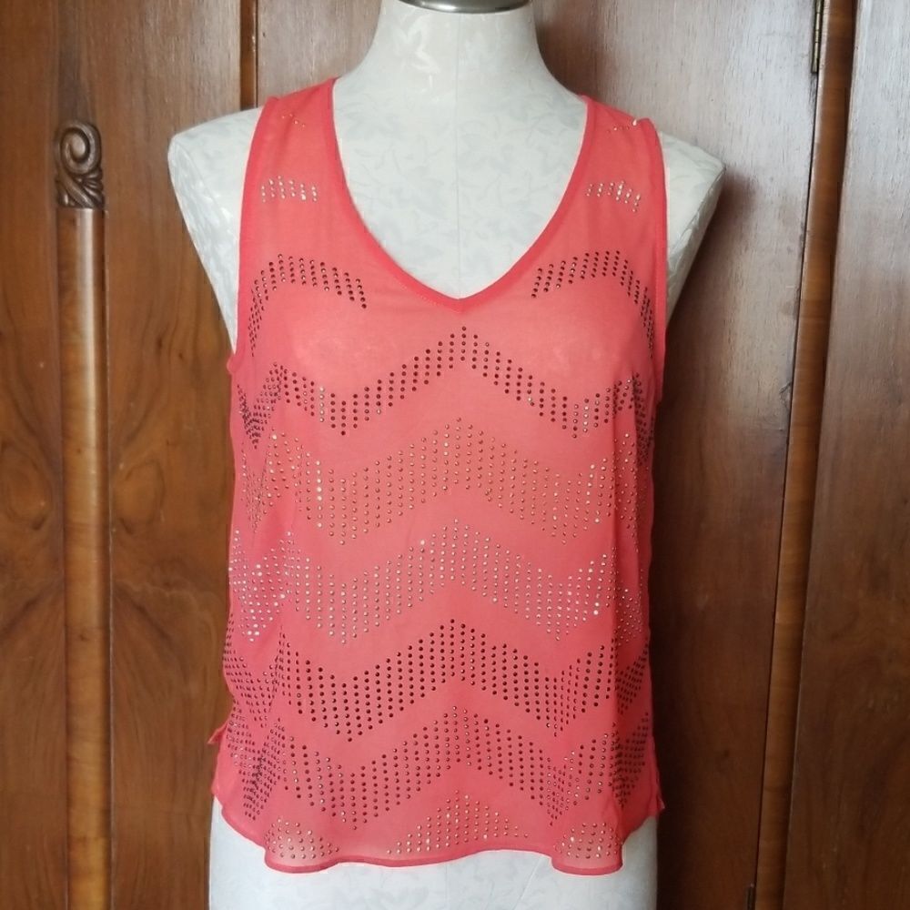 Ligali Sheer Cantaloupe Beaded Tank Top,  M